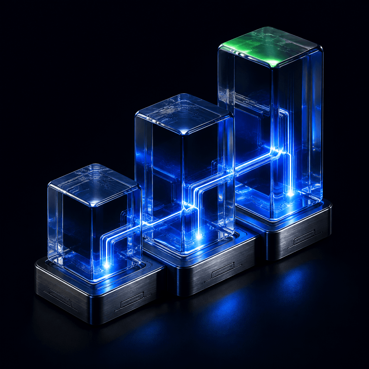 Tres módulos de cristal conectados por luz azul, una representación del crecimiento a través de la tecnología